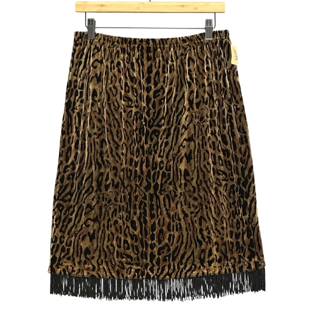 VTG Women Skirt M Leopard Animal Velvet Bead Fringe Sexy Boho Chic Cocktail Glam